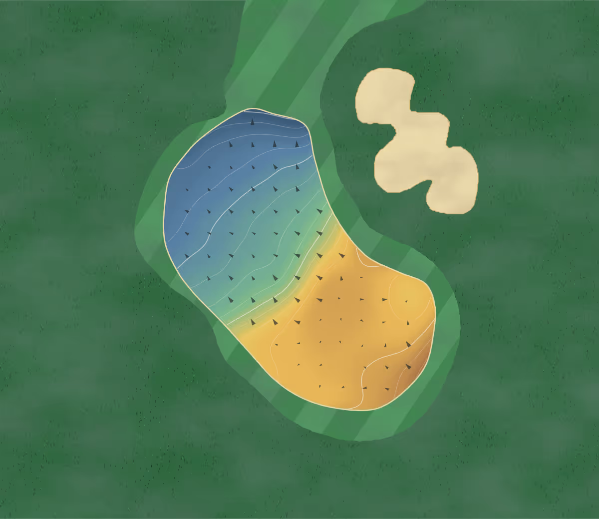 Green contour map of Guelph Lakes in Guelph, Canada: 30 elevation contours at a 8-centimeter interval with fall-line arrows, traced from 1-meter lidar