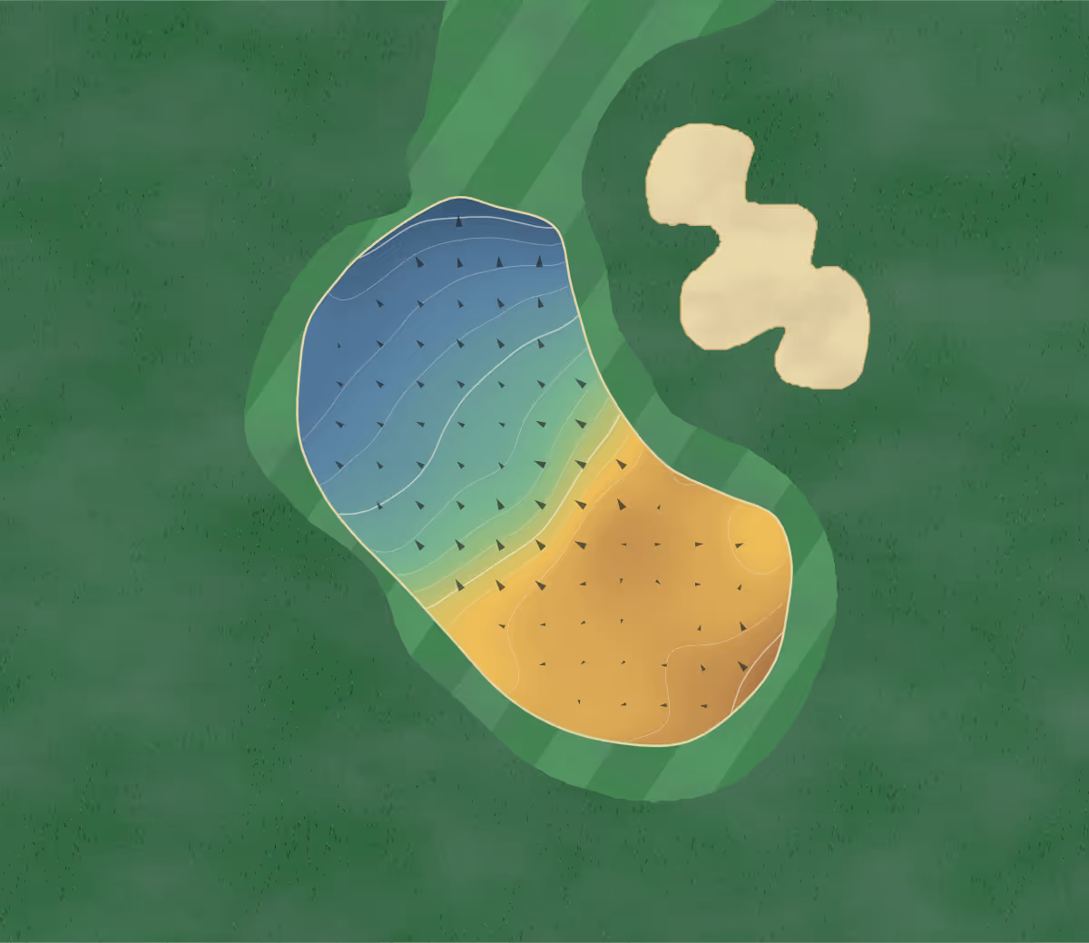 Green contour map of Guelph Lakes in Guelph, Canada — 29 elevation contours at a 8-centimeter interval with fall-line arrows, traced from 1-meter lidar