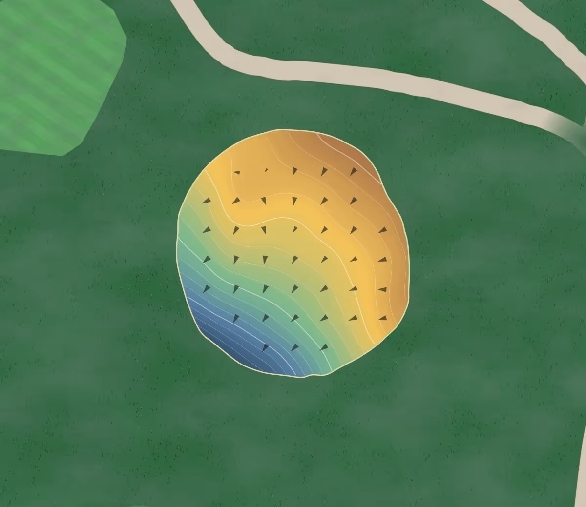 Green contour map of Gunpowder in Laurel, Maryland — 194 elevation contours at a 3-inch interval with fall-line arrows, traced from 1-meter lidar
