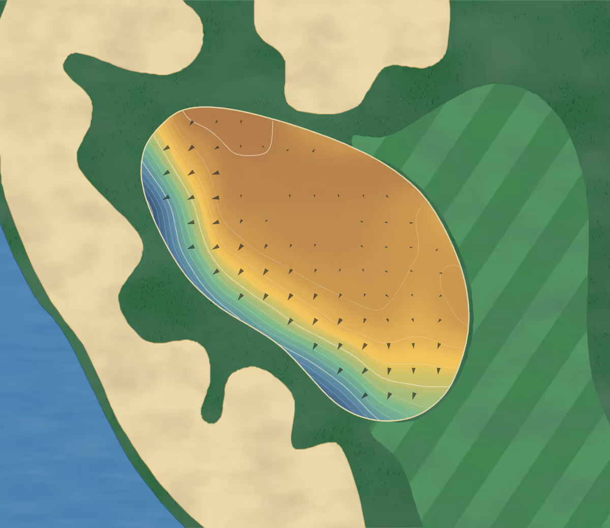 Green contour map of Grandee Hamanako in Kosai, Japan: 193 elevation contours at a 8-centimeter interval with fall-line arrows, traced from 1-meter lidar