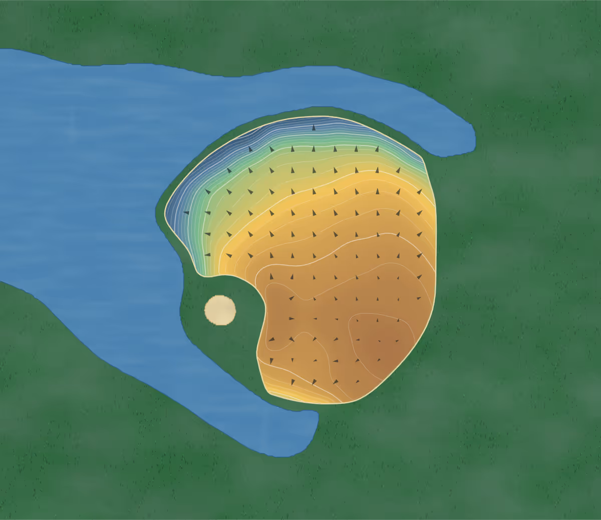 Green contour map of GwelanMor in Redruth, England — 72 elevation contours at a 8-centimeter interval with fall-line arrows, traced from 1-meter lidar