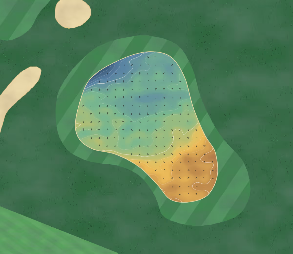 Green contour map of gWest in Auchterarder, Scotland: 55 elevation contours at a 8-centimeter interval with fall-line arrows, traced from 1-meter lidar