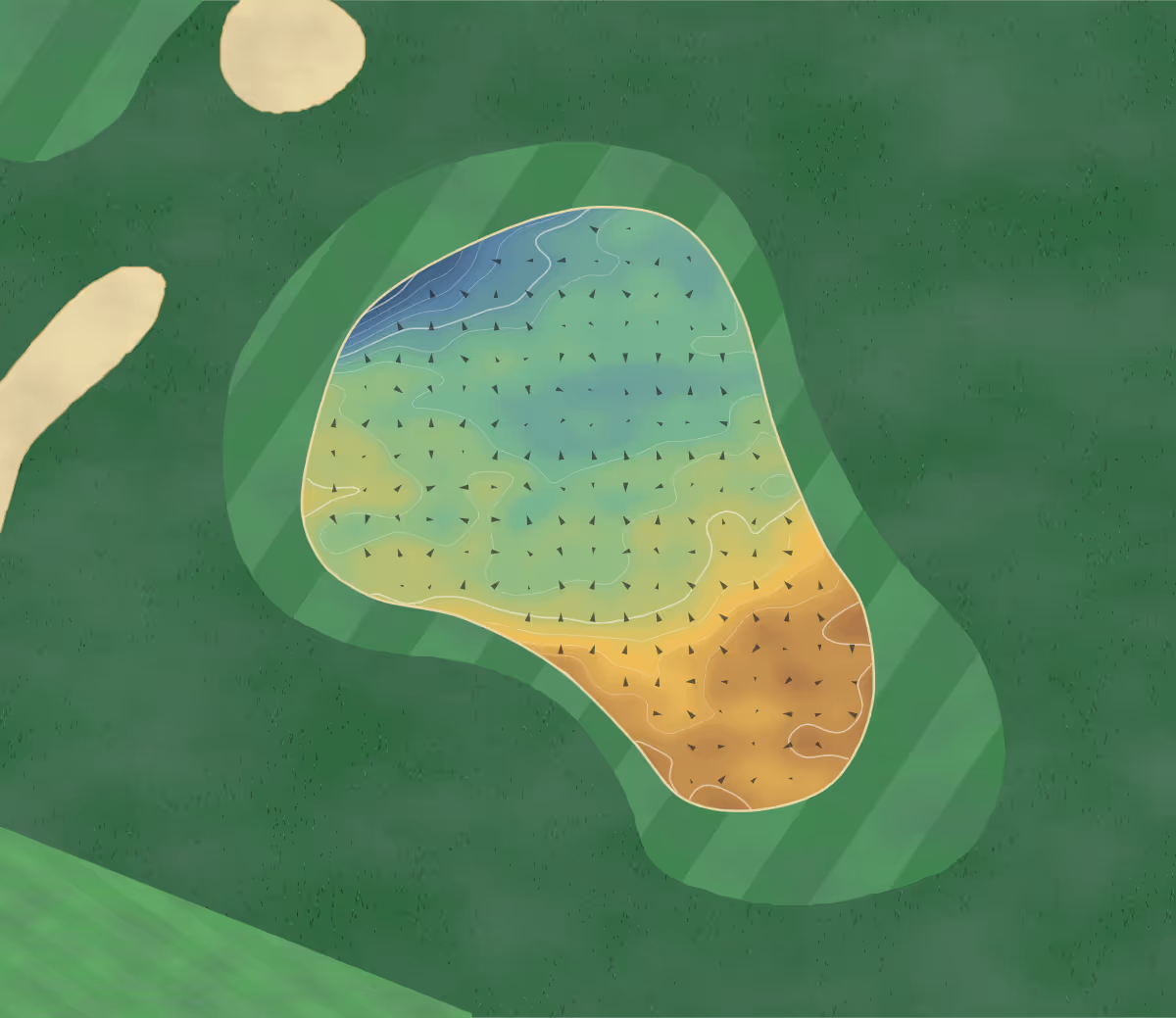 Green contour map of gWest in Auchterarder, Scotland — 55 elevation contours at a 8-centimeter interval with fall-line arrows, traced from 1-meter lidar