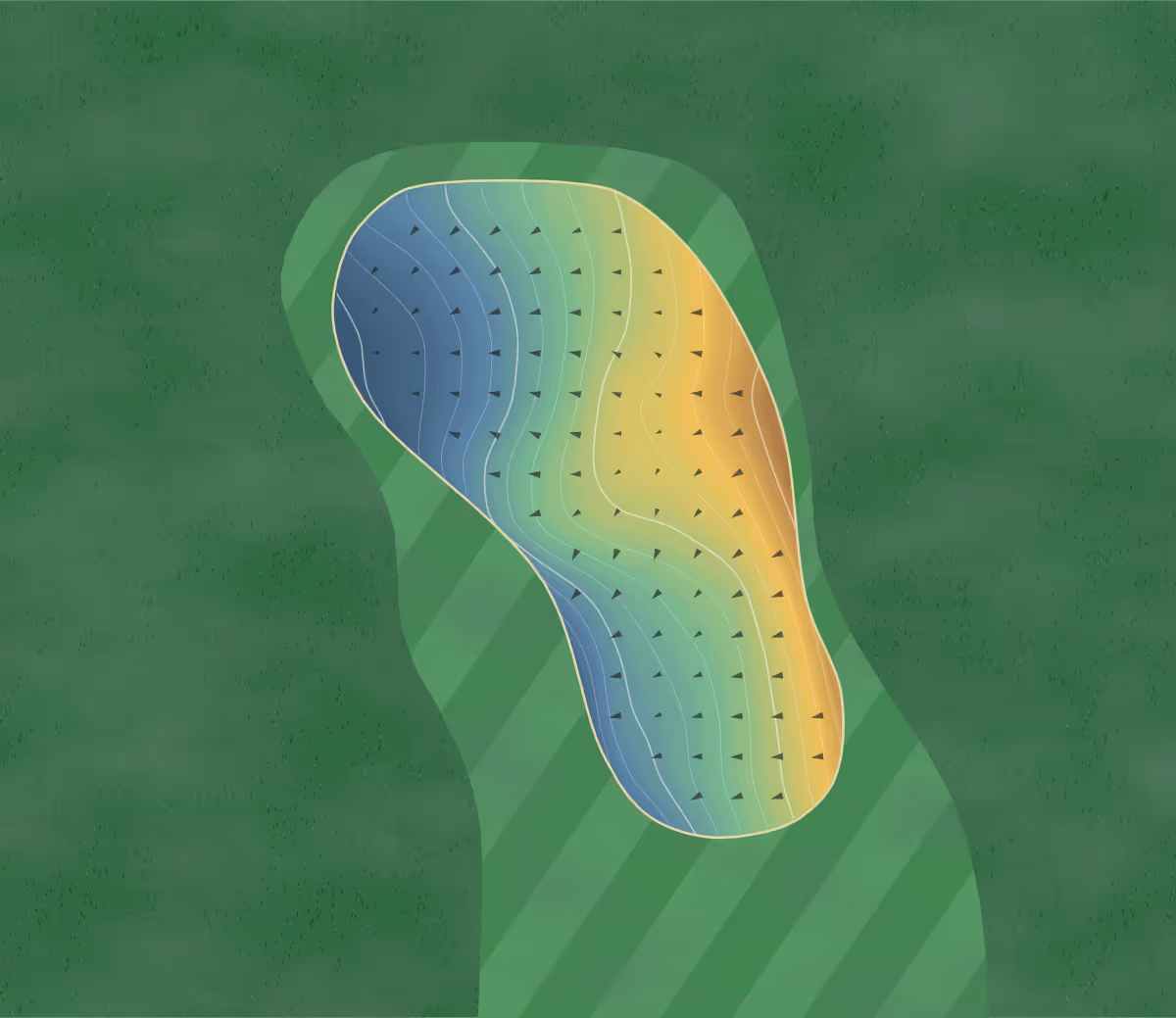 Green contour map of Gatsby in Fujinomiya, Japan: 397 elevation contours at a 8-centimeter interval with fall-line arrows, traced from 1-meter lidar