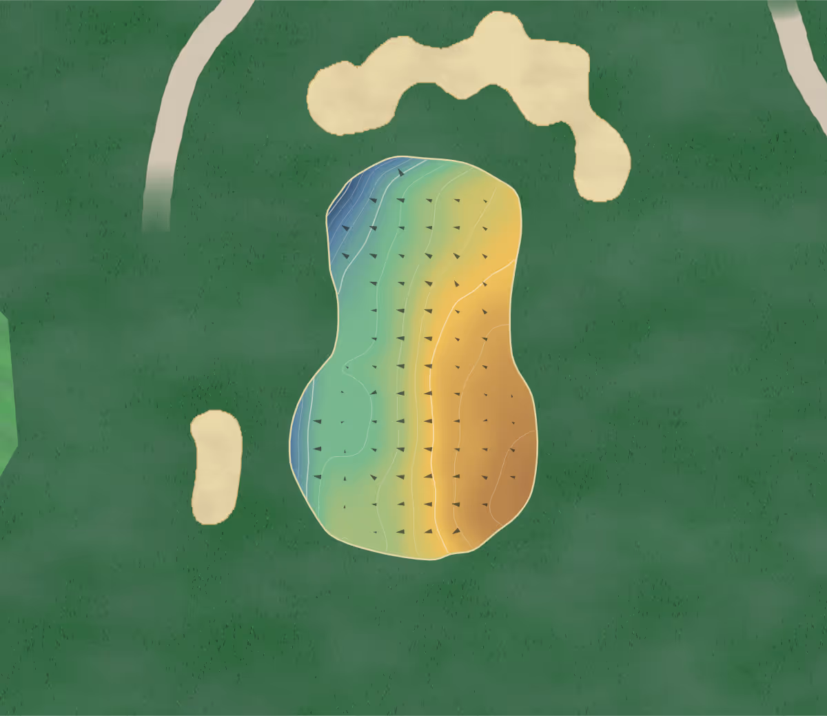 Green contour map of Hadden Hill in Didcot, England: 135 elevation contours at a 8-centimeter interval with fall-line arrows, traced from 1-meter lidar