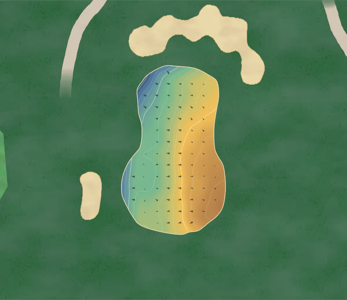 Green contour map of Hadden Hill in Didcot, Oxfordshire, England — 136 elevation contours at a 8-centimeter interval with fall-line arrows, traced from 1-meter lidar