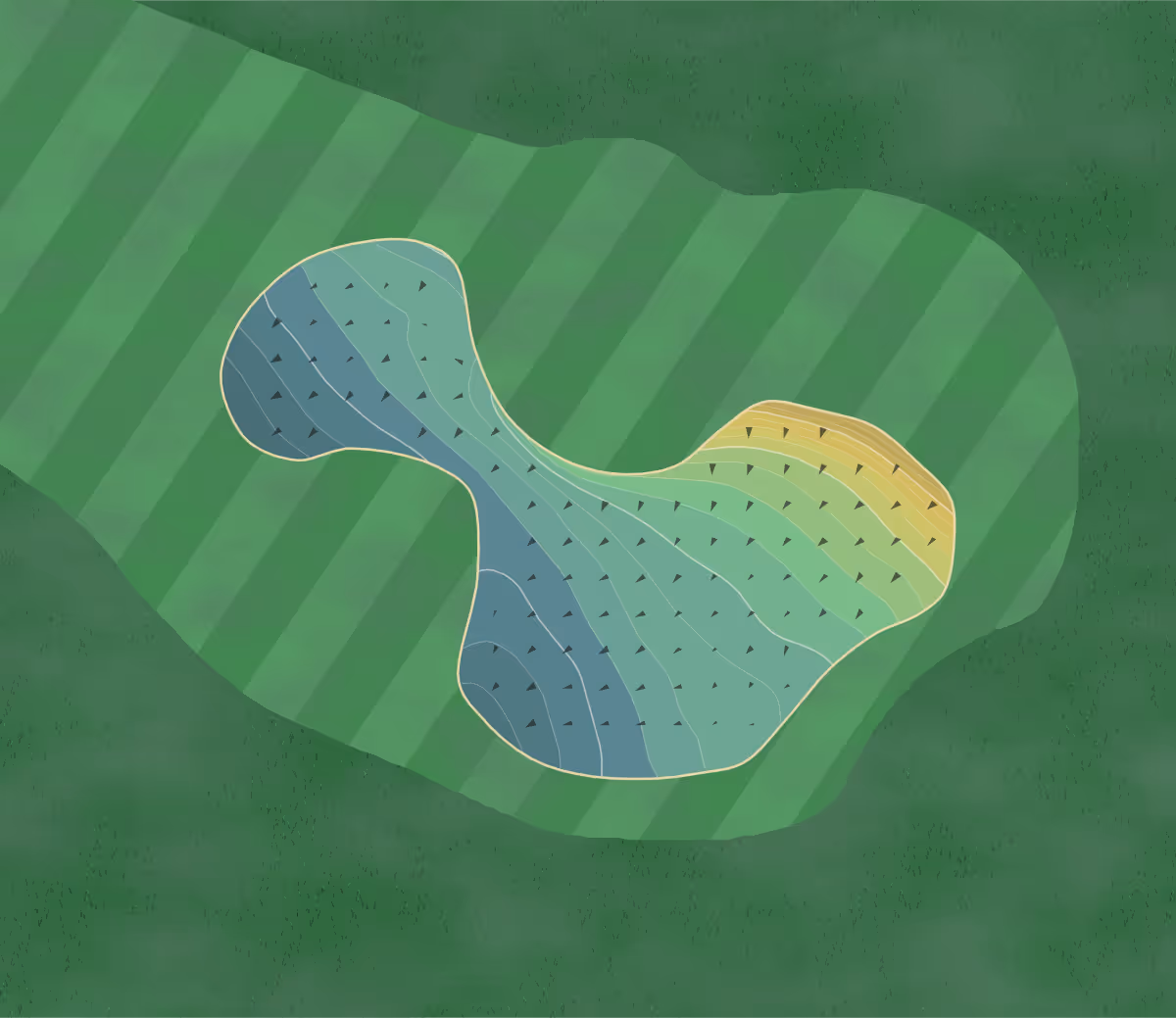 Green contour map of Hainsworth Park in Brandesburton, England — 150 elevation contours at a 8-centimeter interval with fall-line arrows, traced from 1-meter lidar