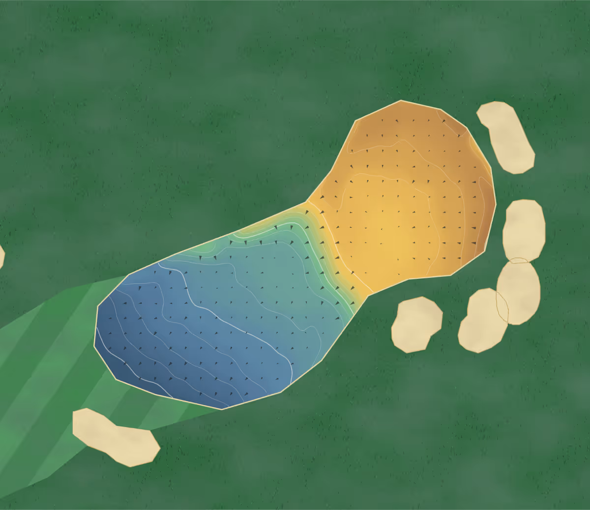 Green contour map of Hale Golf Club in Hale, England: 52 elevation contours at a 8-centimeter interval with fall-line arrows, traced from 1-meter lidar