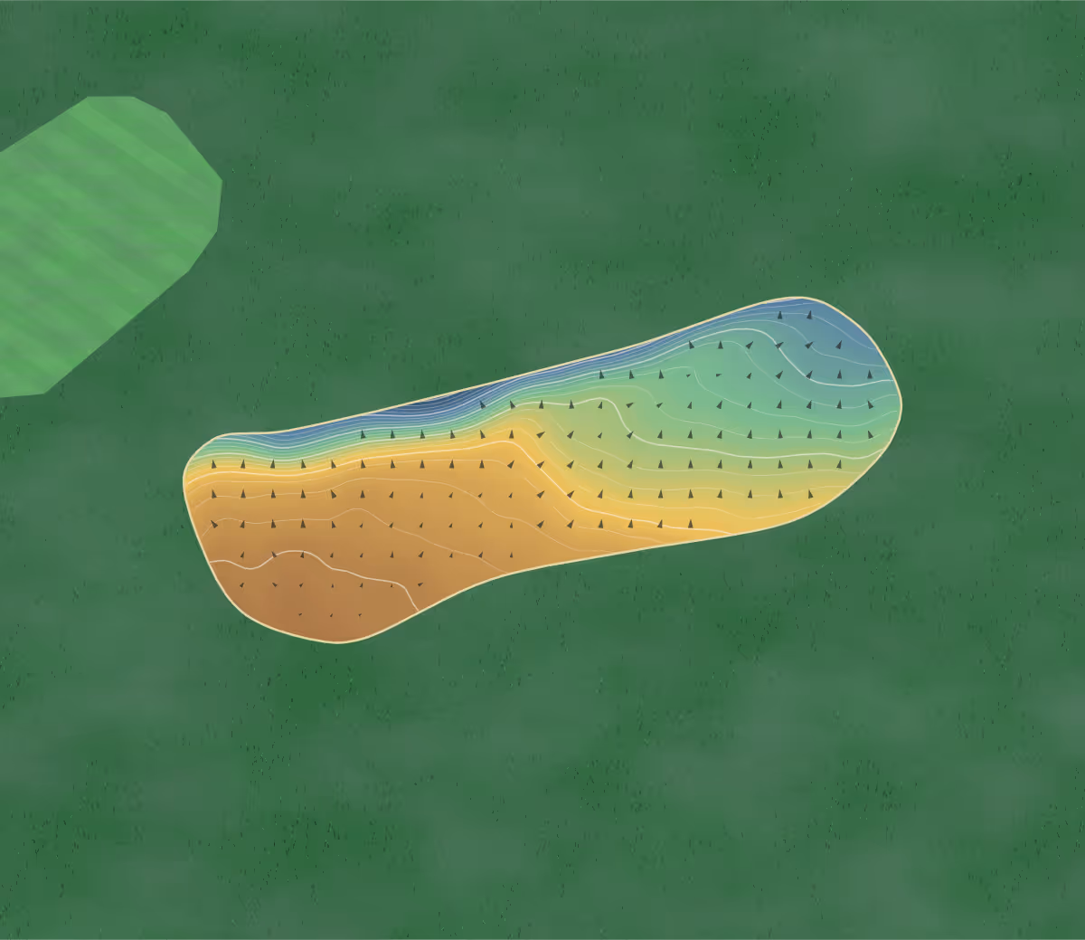 Green contour map of Bradley Hall in Halifax, England: 244 elevation contours at a 8-centimeter interval with fall-line arrows, traced from 1-meter lidar