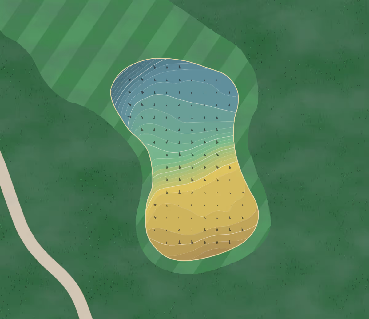 Green contour map of Hallbrook in Leawood, Kansas — 318 elevation contours at a 3-inch interval with fall-line arrows, traced from 1-meter lidar