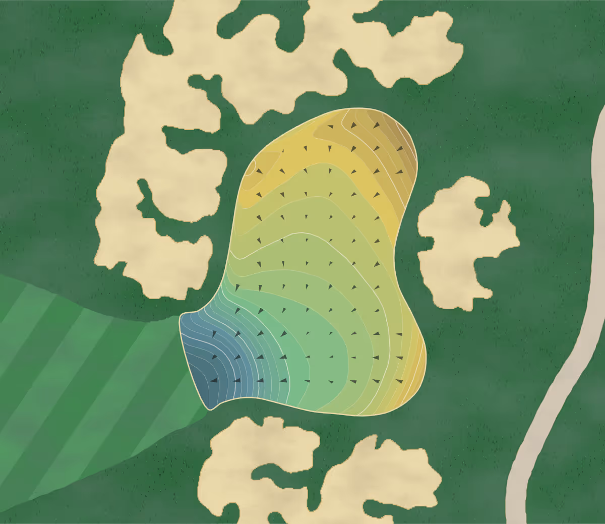 Green contour map of Hamilton Farm in Gladstone, New Jersey — 360 elevation contours at a 3-inch interval with fall-line arrows, traced from 1-meter lidar