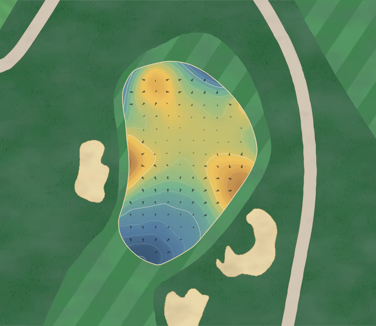 Green contour map of Hamilton in Hamilton, Canada — 213 elevation contours at a 8-centimeter interval with fall-line arrows, traced from 1-meter lidar