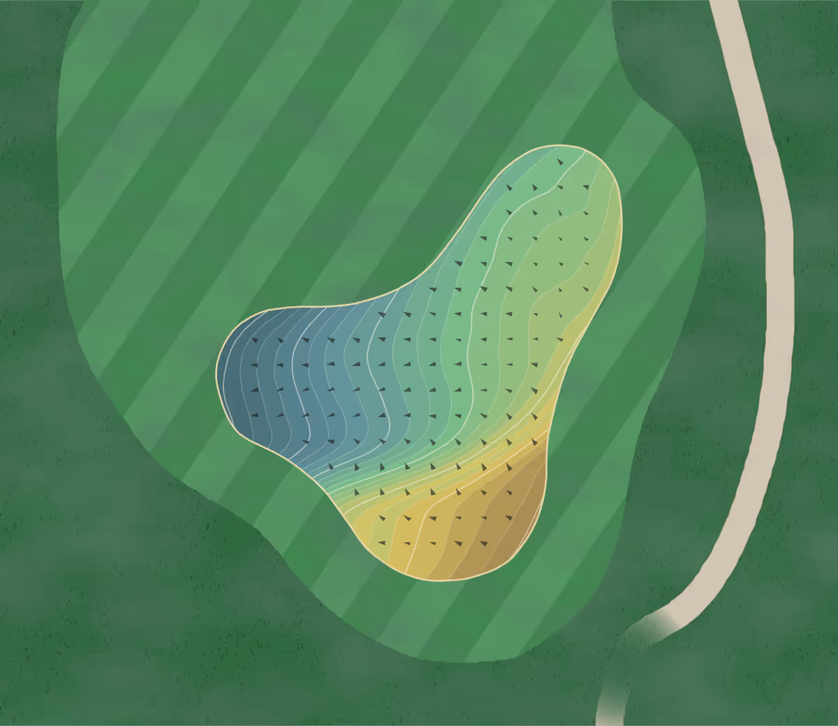 Green contour map of Hampshire GC in Hampshire, England — 272 elevation contours at a 8-centimeter interval with fall-line arrows, traced from 1-meter lidar
