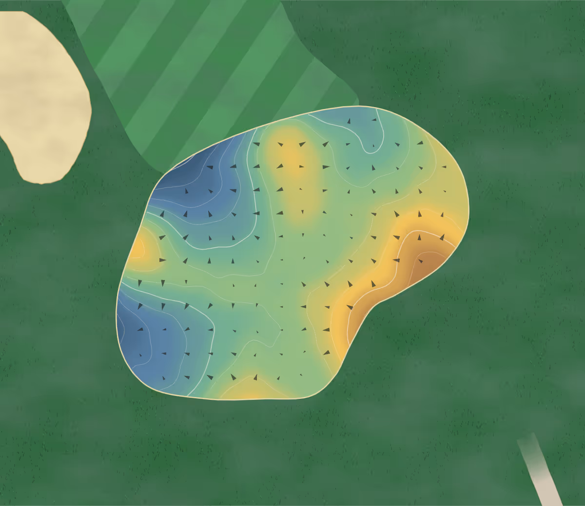 Green contour map of Hampshire Greens in Leesburg, Virginia — 141 elevation contours at a 3-inch interval with fall-line arrows, traced from 1-meter lidar