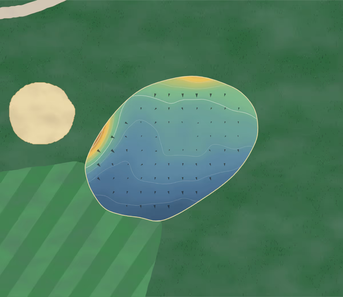 Green contour map of Hamptworth Golf in Hamptworth, England: 23 elevation contours at a 8-centimeter interval with fall-line arrows, traced from 1-meter lidar
