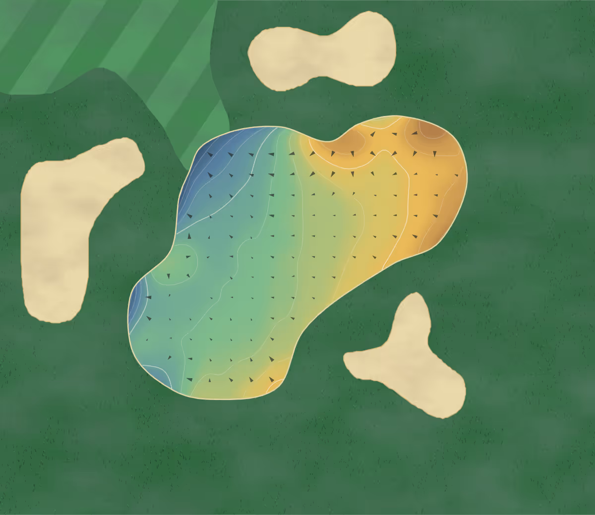 Green contour map of Hanbury Manor in Ware, England: 88 elevation contours at a 8-centimeter interval with fall-line arrows, traced from 1-meter lidar