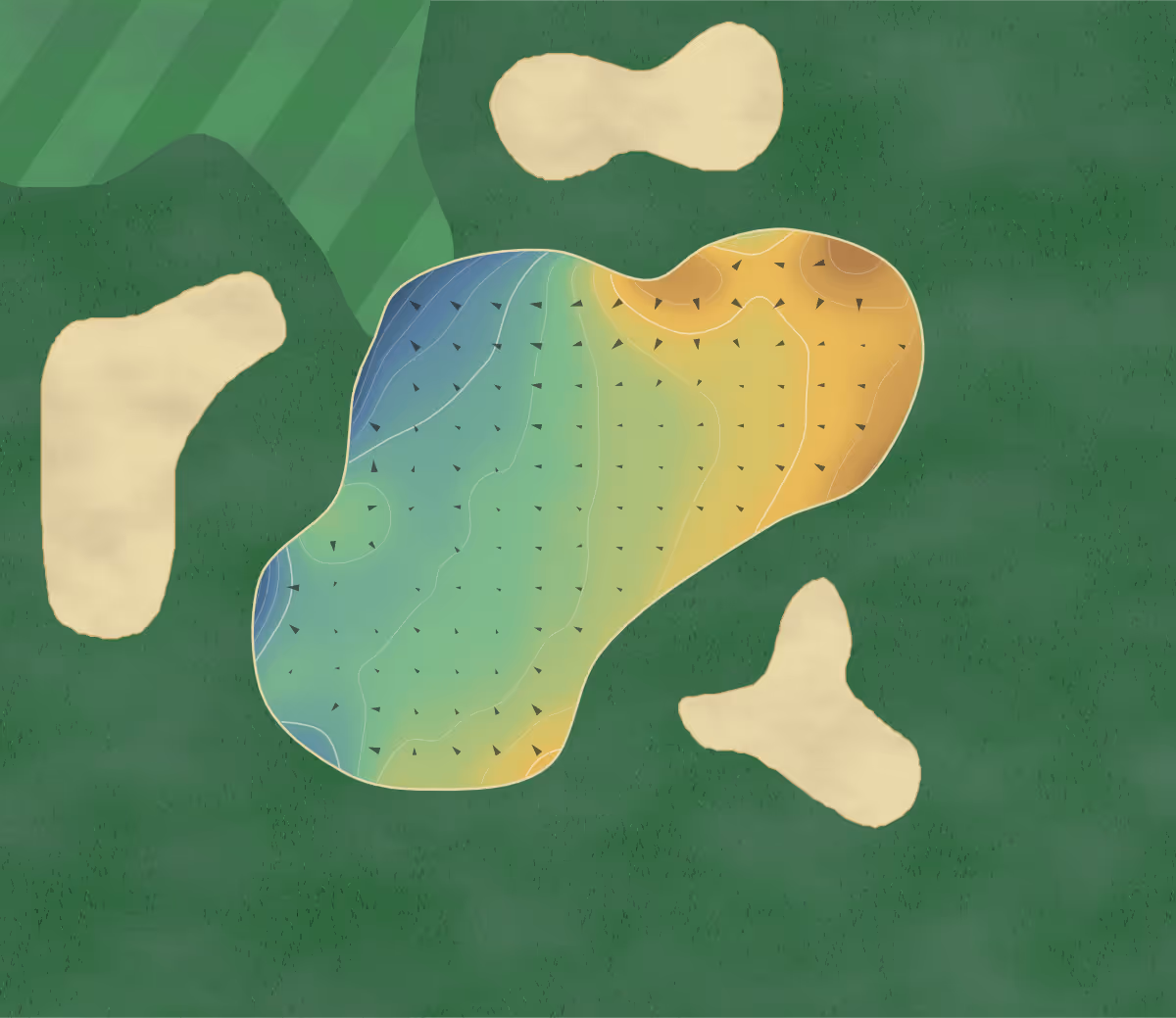 Green contour map of Hanbury Manor in Ware, England — 88 elevation contours at a 8-centimeter interval with fall-line arrows, traced from 1-meter lidar