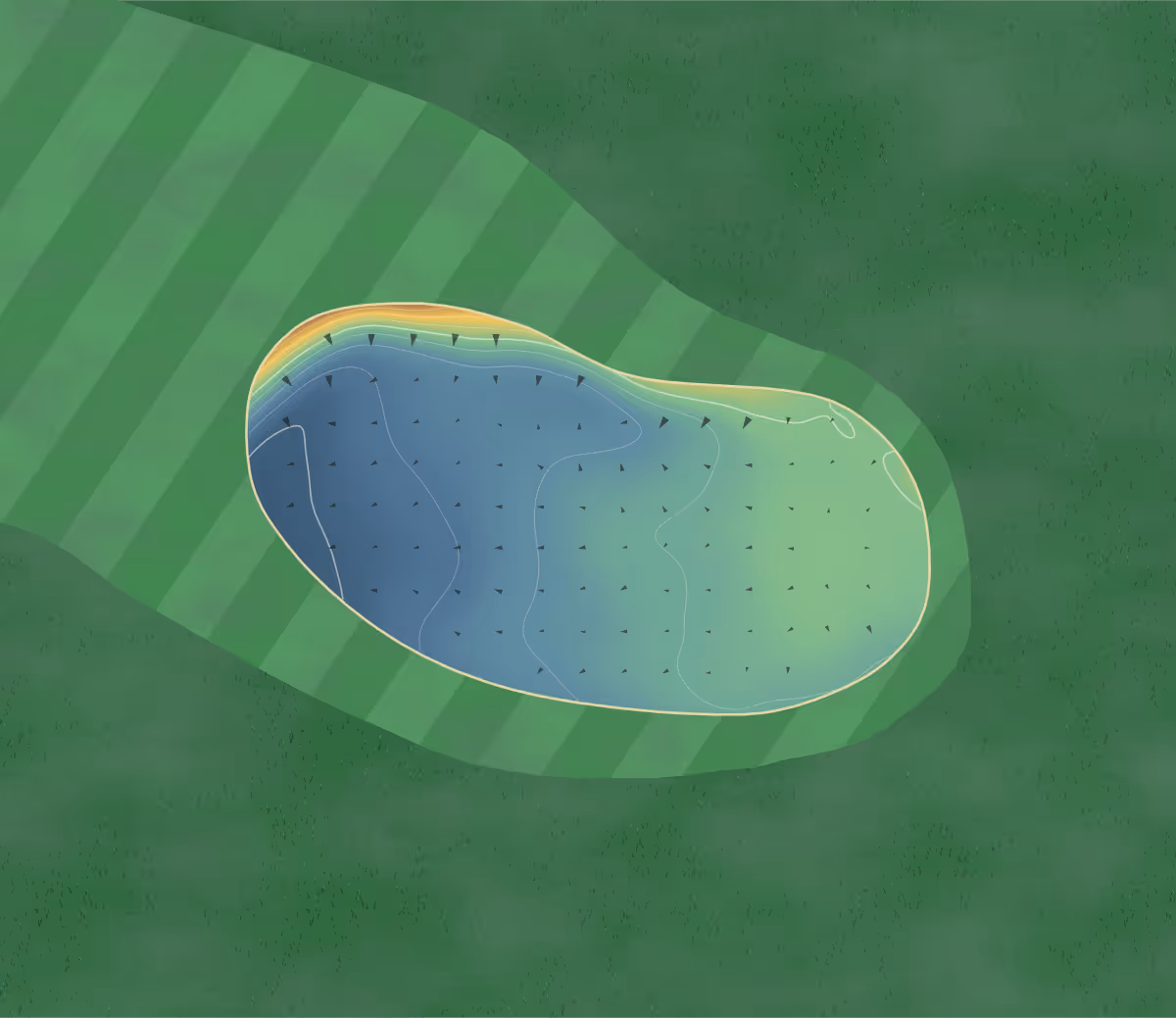 Green contour map of Hanging Heaton in Dewsbury, England — 86 elevation contours at a 8-centimeter interval with fall-line arrows, traced from 1-meter lidar