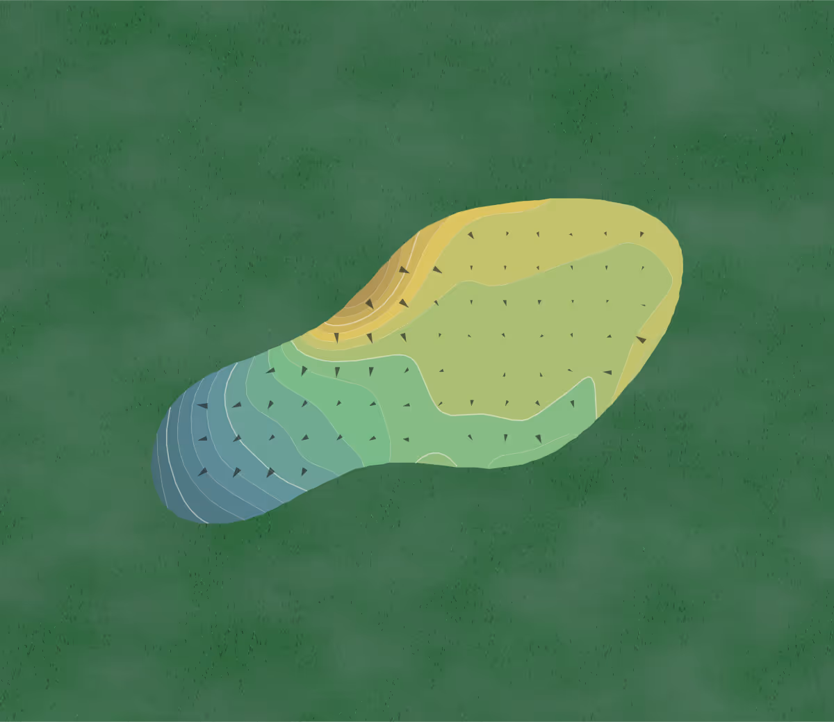 Green contour map of Hank's Swank Par Three Golf Course in Fresno, California — 77 elevation contours at a 3-inch interval with fall-line arrows, traced from 1-meter lidar