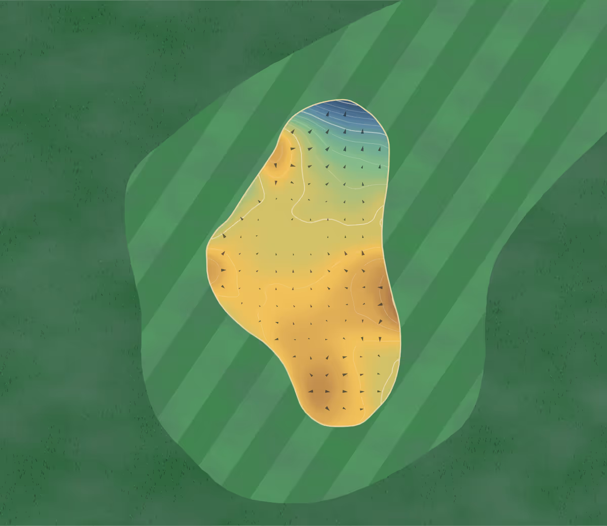Green contour map of Hankley Common in Farnham, England: 141 elevation contours at a 8-centimeter interval with fall-line arrows, traced from 1-meter lidar