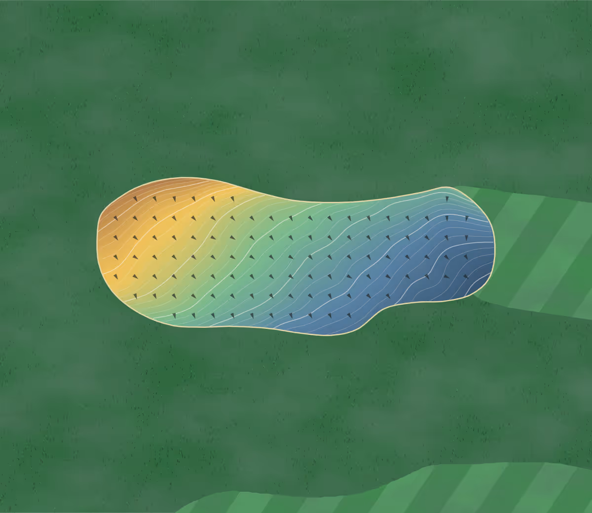 Green contour map of Hanmer Springs in Hanmer Springs, New Zealand — 176 elevation contours at a 8-centimeter interval with fall-line arrows, traced from 1-meter lidar