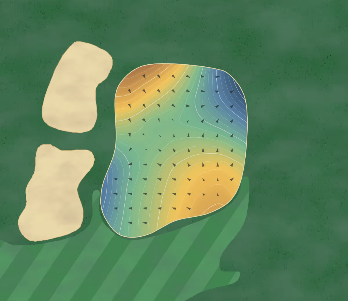 Green contour map of Hanno Golf Club in Hannō, Japan: 303 elevation contours at a 8-centimeter interval with fall-line arrows, traced from 1-meter lidar