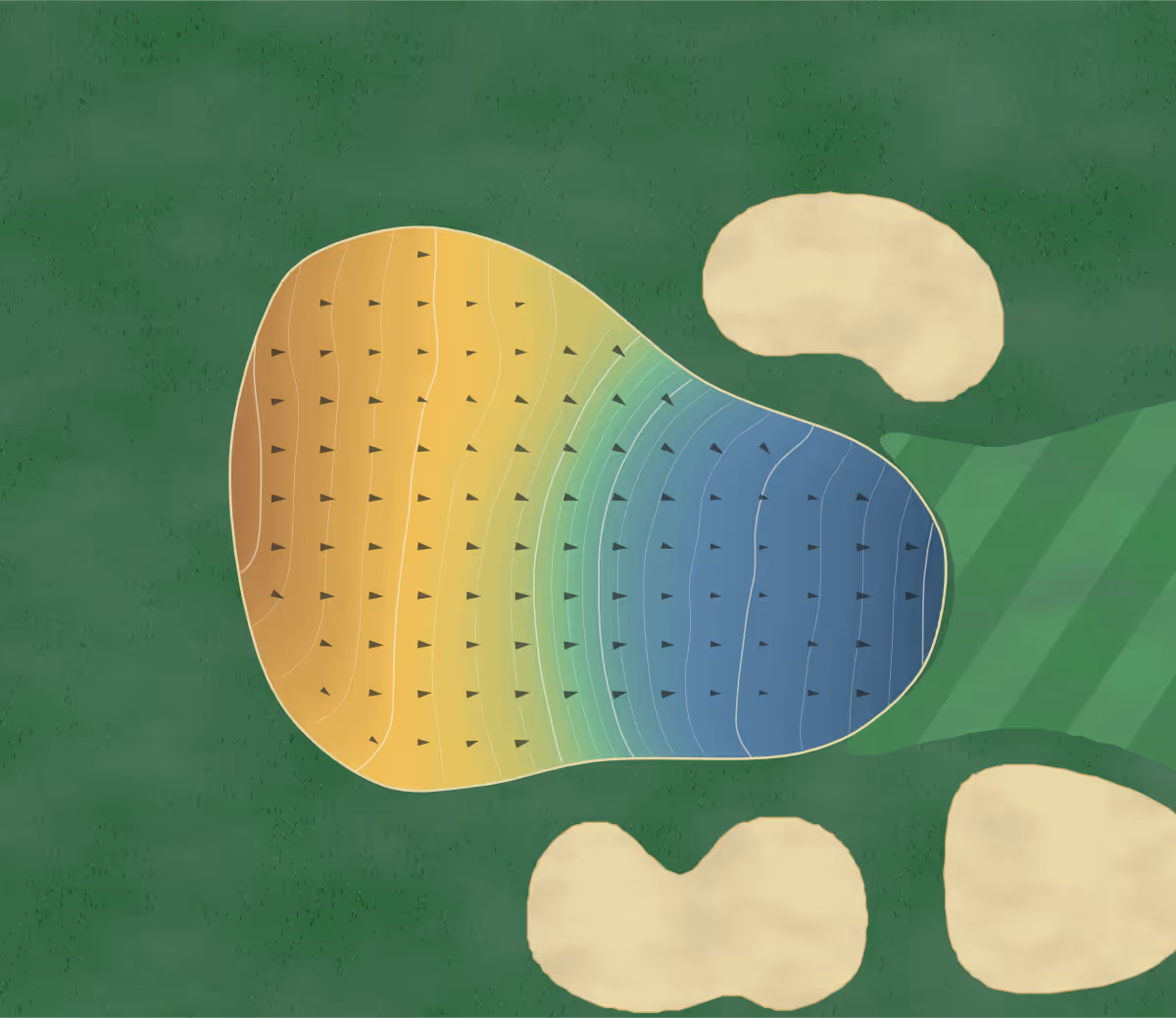 Green contour map of Happy Hollow Club in Omaha, Nebraska — 218 elevation contours at a 3-inch interval with fall-line arrows, traced from 1-meter lidar