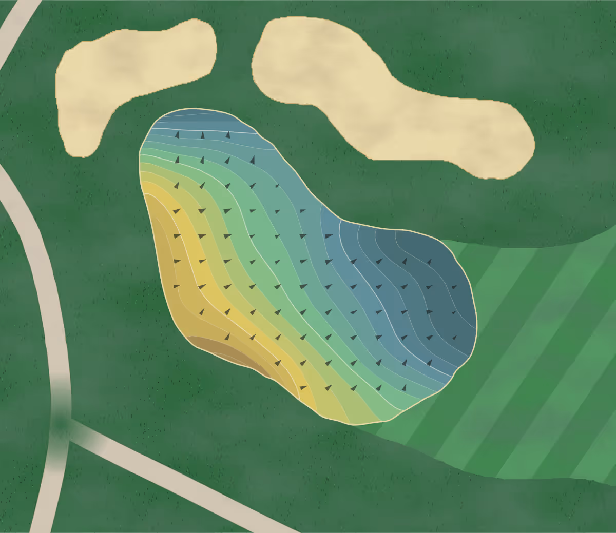 Green contour map of Harbor Park in Venice, California — 94 elevation contours at a 3-inch interval with fall-line arrows, traced from 1-meter lidar