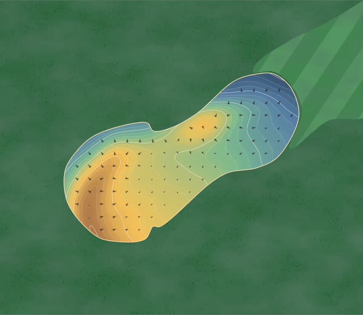 Green contour map of Harbor View in Innisfil, Canada: 190 elevation contours at a 8-centimeter interval with fall-line arrows, traced from 1-meter lidar