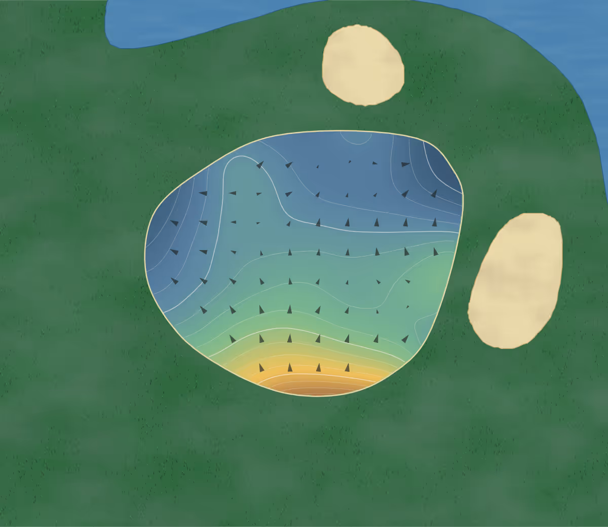 Green contour map of Harbour Trees Golf in Noblesville, Indiana — 148 elevation contours at a 3-inch interval with fall-line arrows, traced from 1-meter lidar