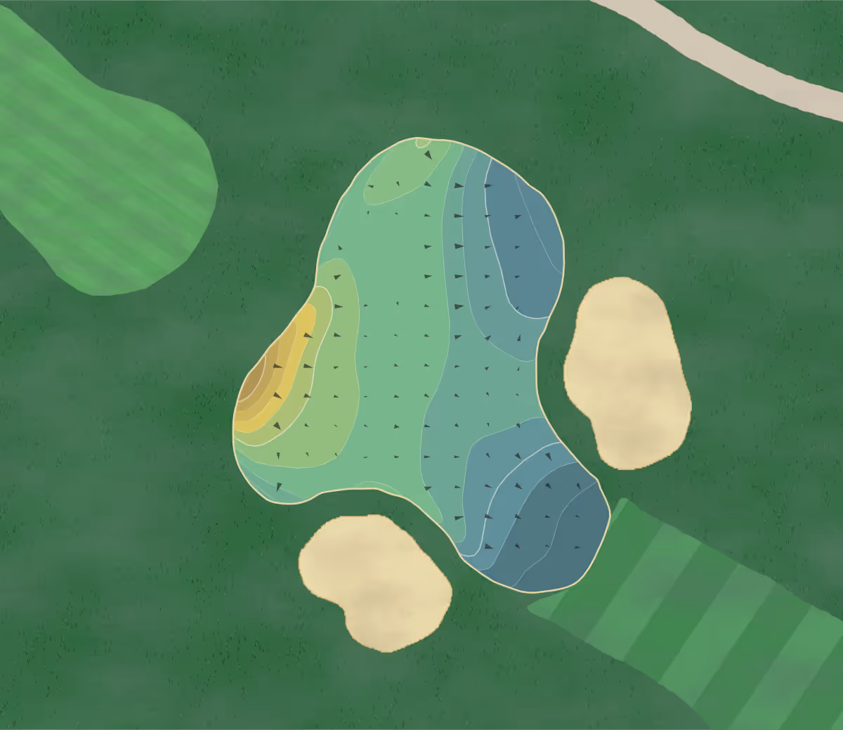 Green contour map of Harding Park in San Francisco, California — 396 elevation contours at a 3-inch interval with fall-line arrows, traced from 1-meter lidar