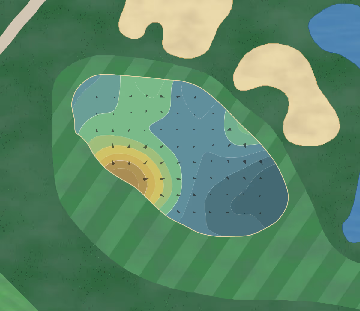 Green contour map of Hardscrabble CC in Fort Smith, Arkansas — 227 elevation contours at a 3-inch interval with fall-line arrows, traced from 1-meter lidar