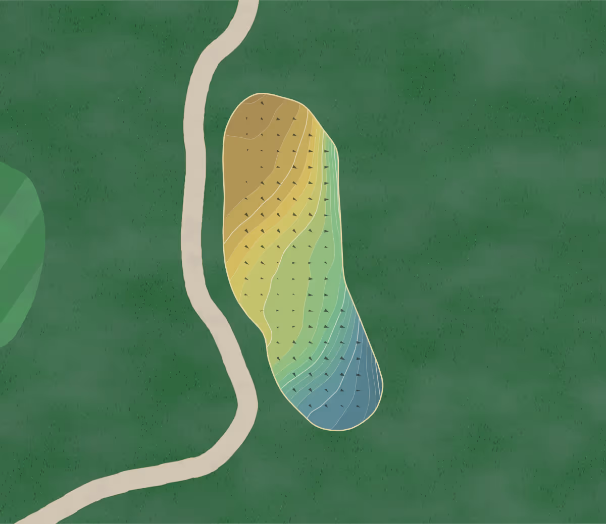 Green contour map of Harleyford GC in Buckinghamshire, England — 277 elevation contours at a 8-centimeter interval with fall-line arrows, traced from 1-meter lidar