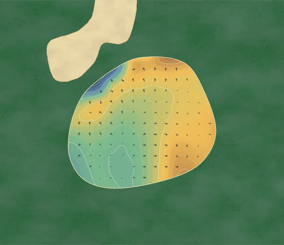 Green contour map of Harmon Links in Stephenville, Canada: 103 elevation contours at a 8-centimeter interval with fall-line arrows, traced from 1-meter lidar