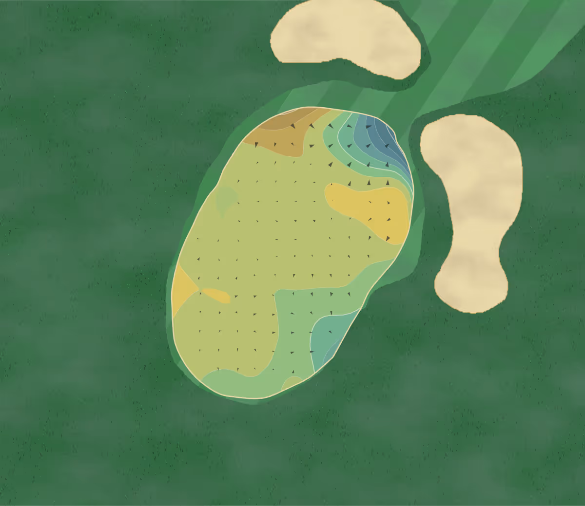 Green contour map of Harpenden GC in Hertfordshire, England — 142 elevation contours at a 8-centimeter interval with fall-line arrows, traced from 1-meter lidar