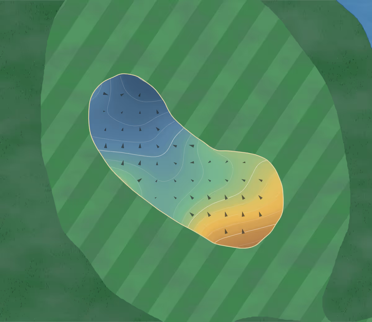 Green contour map of Harpeth Valley in Nashville, Tennessee — 91 elevation contours at a 3-inch interval with fall-line arrows, traced from 1-meter lidar