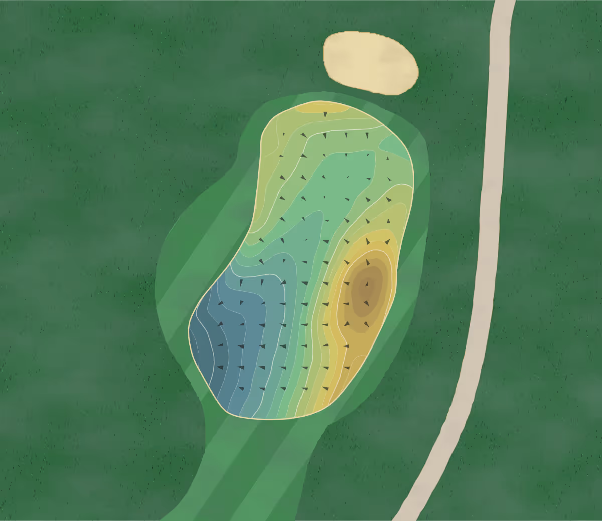 Green contour map of Harrisville GC in Woodstock, Connecticut — 107 elevation contours at a 3-inch interval with fall-line arrows, traced from 1-meter lidar