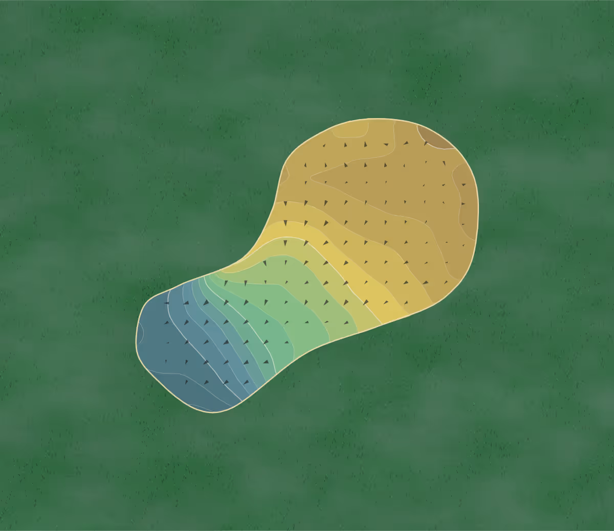 Green contour map of Harrogate GC in Harrogate, England — 187 elevation contours at a 8-centimeter interval with fall-line arrows, traced from 1-meter lidar