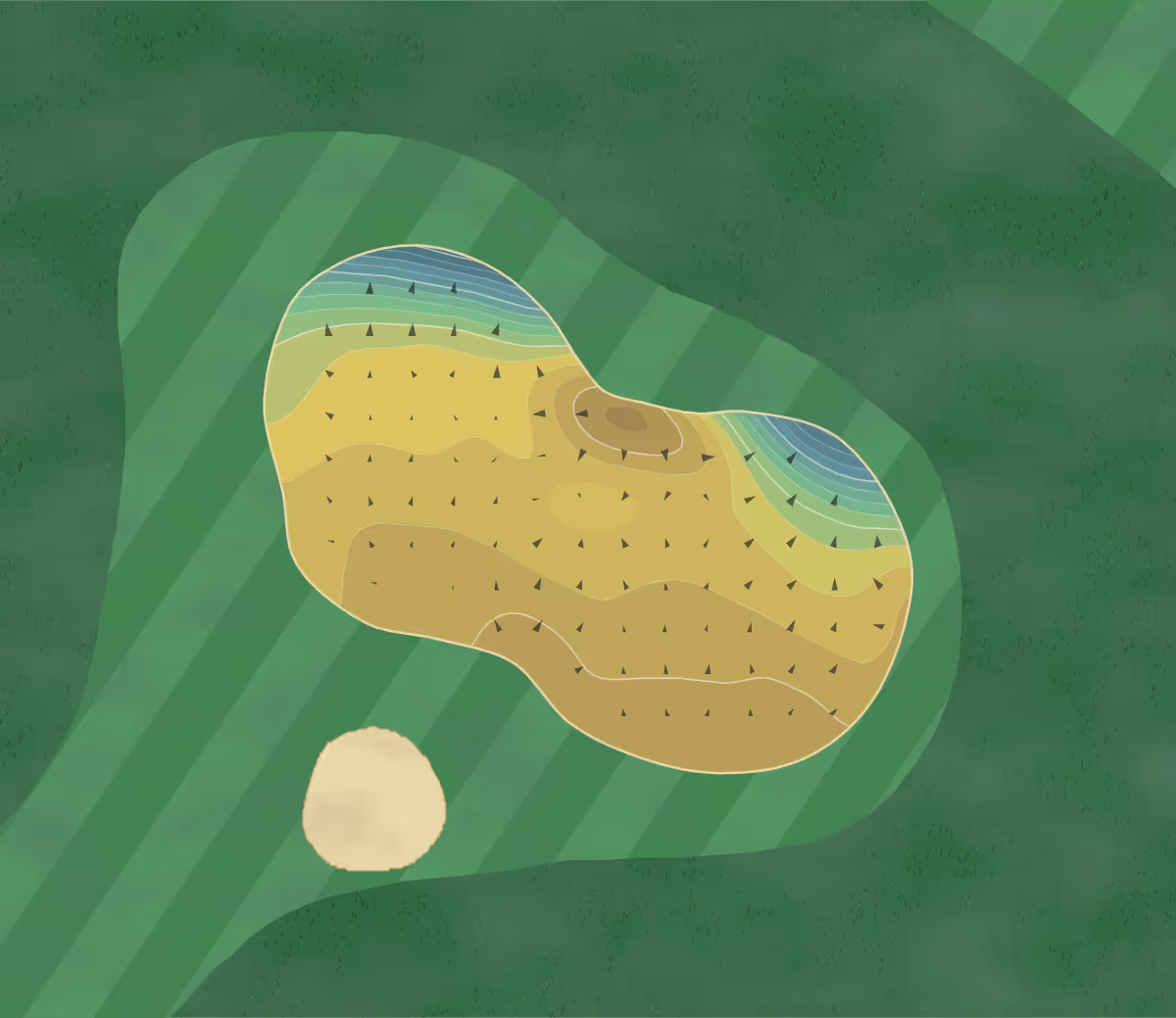Green contour map of Hartford GC in Hartford, England — 111 elevation contours at a 8-centimeter interval with fall-line arrows, traced from 1-meter lidar