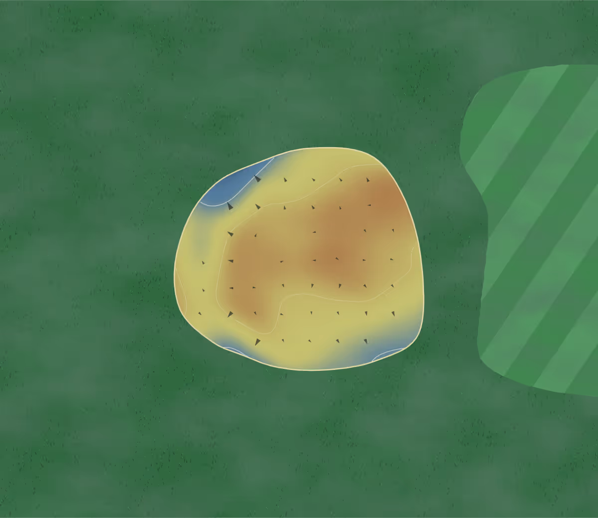 Green contour map of Hartland Forest in Bideford, United Kingdom — 2 elevation contours at a 8-centimeter interval with fall-line arrows, traced from 1-meter lidar