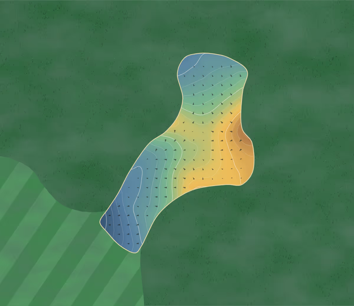 Green contour map of Harvest in Kelowna, Canada: 157 elevation contours at a 8-centimeter interval with fall-line arrows, traced from 1-meter lidar