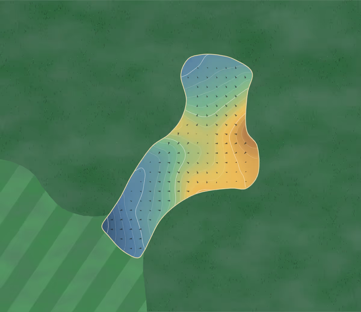 Green contour map of The Harvest in Kelowna, Canada — 155 elevation contours at a 8-centimeter interval with fall-line arrows, traced from 1-meter lidar