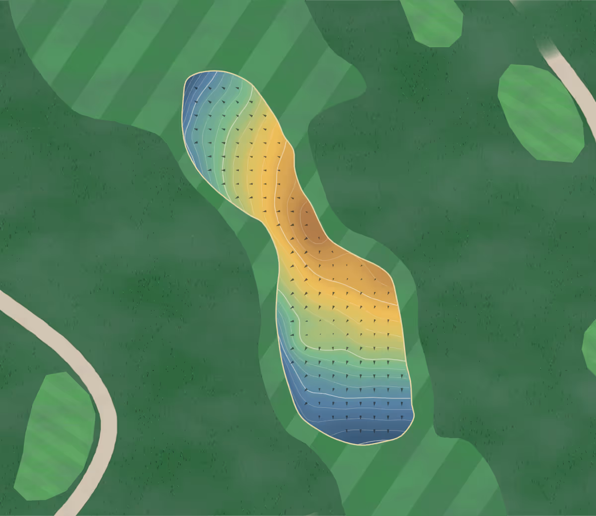 Green contour map of Harvest Point in Oskaloosa, Iowa — 99 elevation contours at a 3-inch interval with fall-line arrows, traced from 1-meter lidar