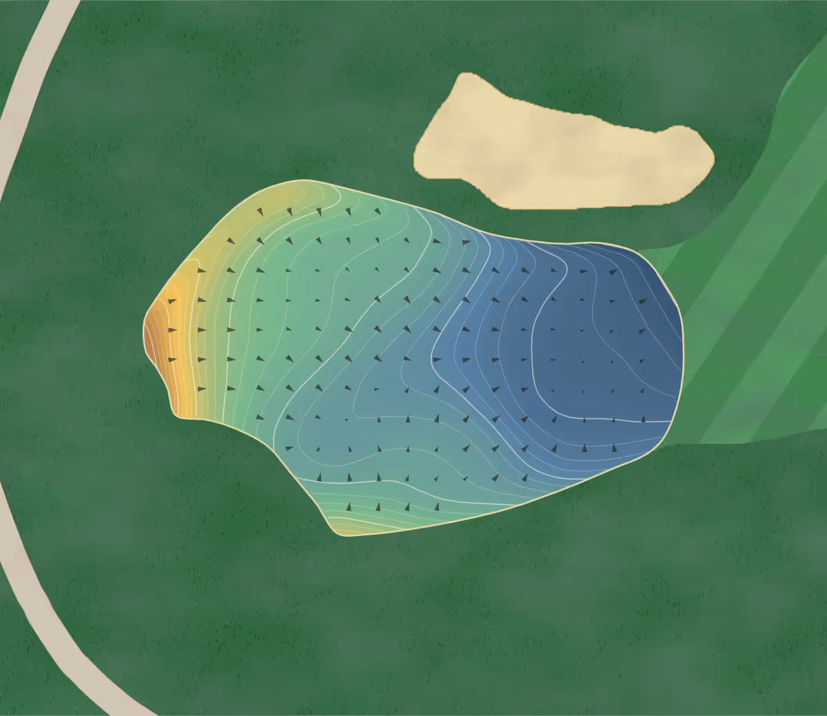 Green contour map of Harvester Club in Harvester, Iowa — 298 elevation contours at a 3-inch interval with fall-line arrows, traced from 1-meter lidar
