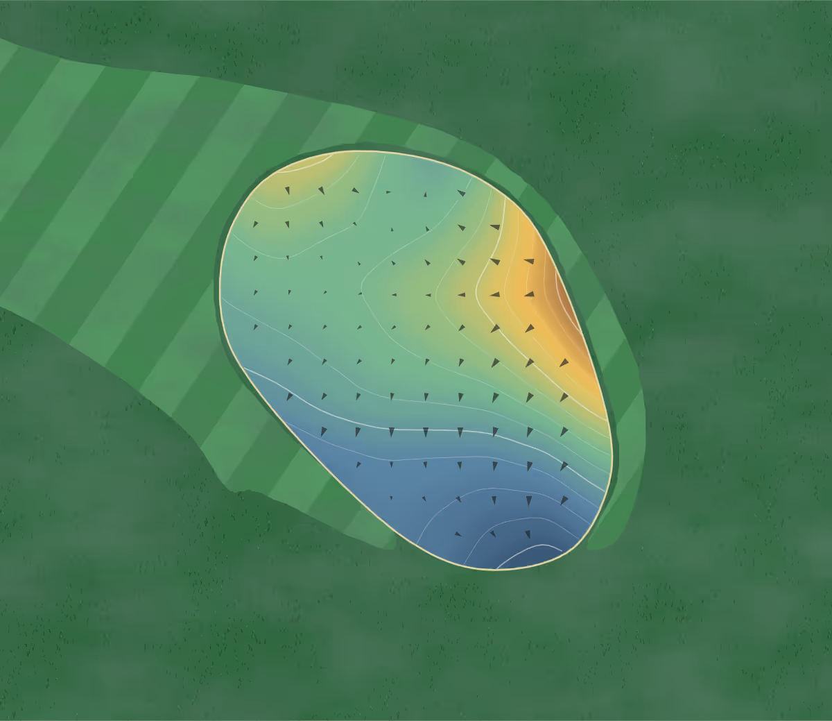 Green contour map of Yashima in Maebashi, Japan: 146 elevation contours at a 8-centimeter interval with fall-line arrows, traced from 1-meter lidar