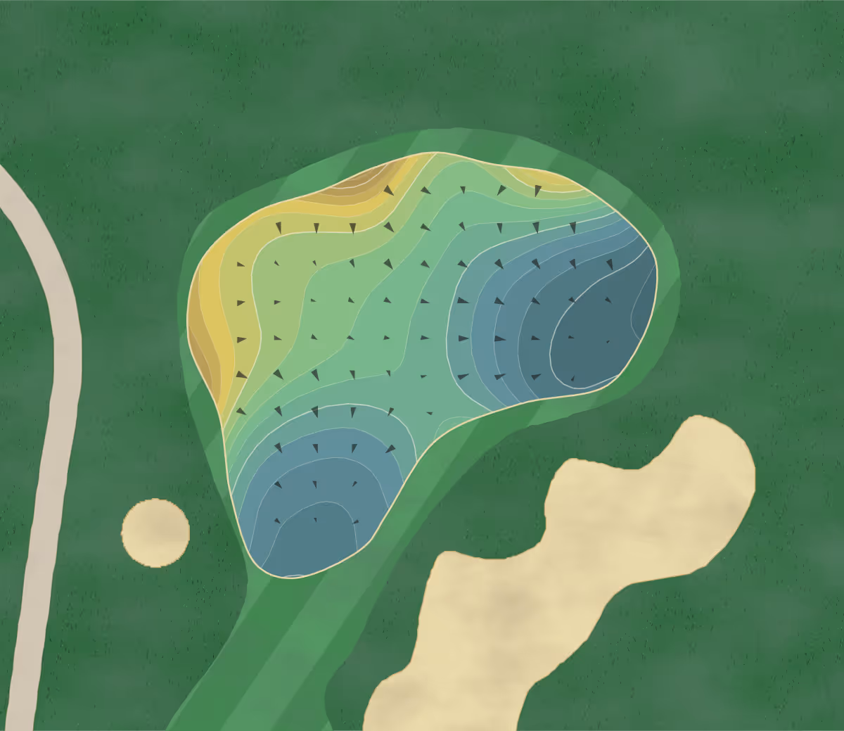 Green contour map of Hattiesburg CC in Hattiesburg, Mississippi — 242 elevation contours at a 3-inch interval with fall-line arrows, traced from 1-meter lidar