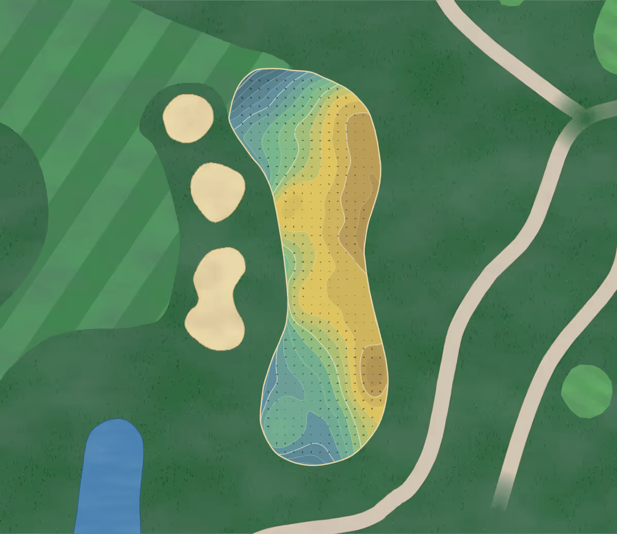 Green contour map of Hauger Golfklubb in Slattum, Norway — 238 elevation contours at a 8-centimeter interval with fall-line arrows, traced from 1-meter lidar