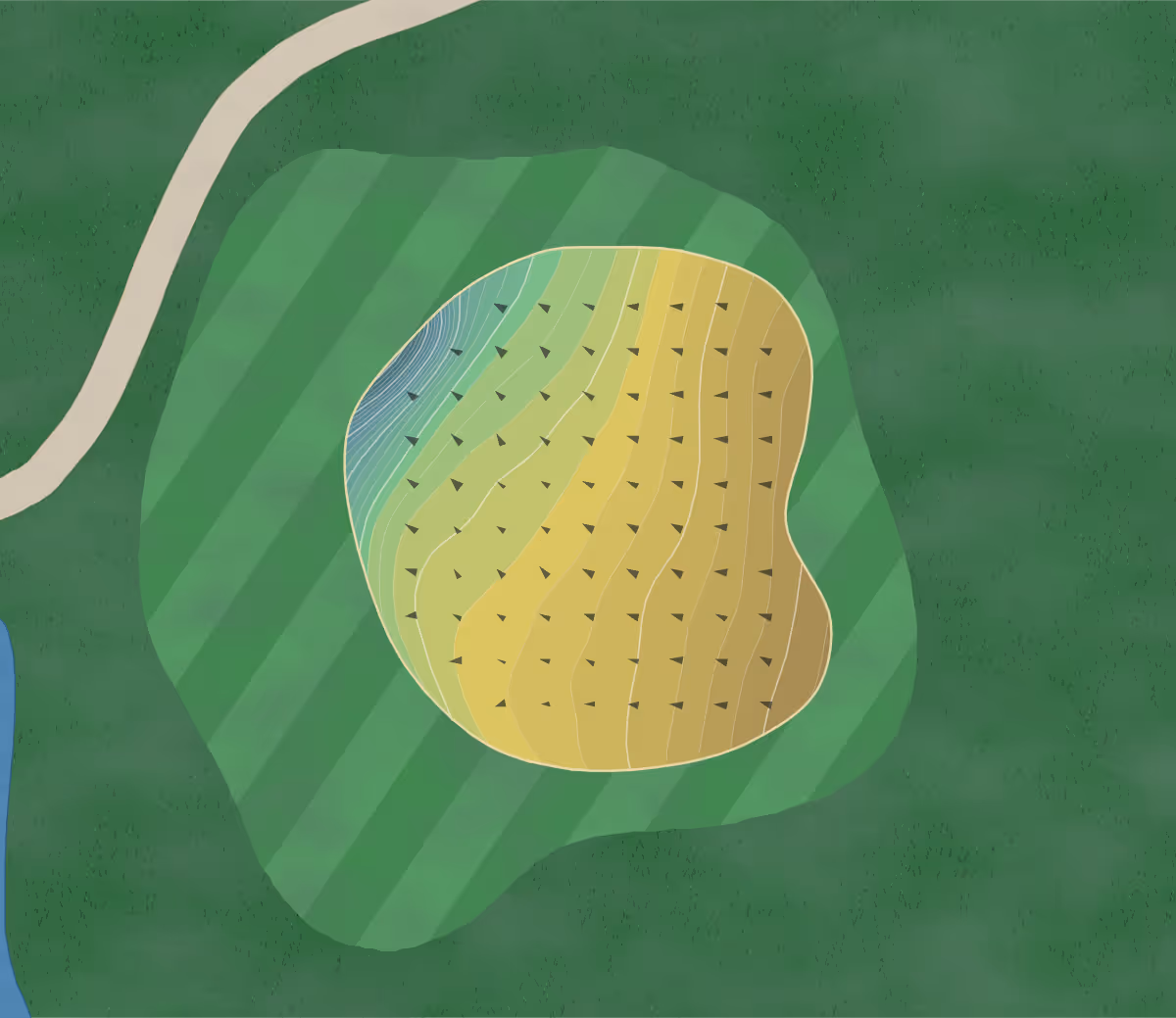 Green contour map of Haverfordwest in Haverfordwest, Wales — 251 elevation contours at a 8-centimeter interval with fall-line arrows, traced from 1-meter lidar