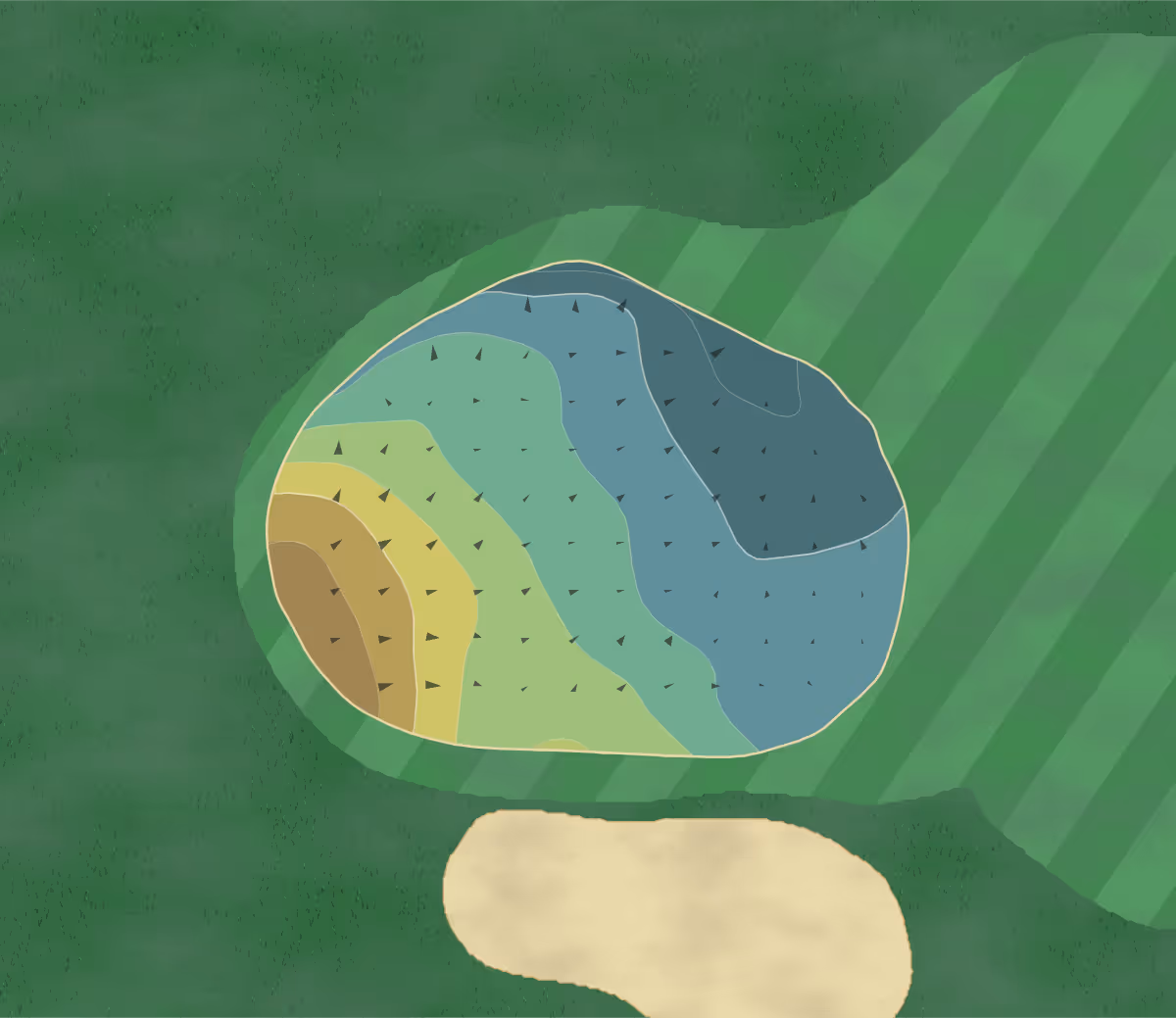 Green contour map of Haviksoord in XG Leende, Netherlands — 110 elevation contours at a 8-centimeter interval with fall-line arrows, traced from 1-meter lidar