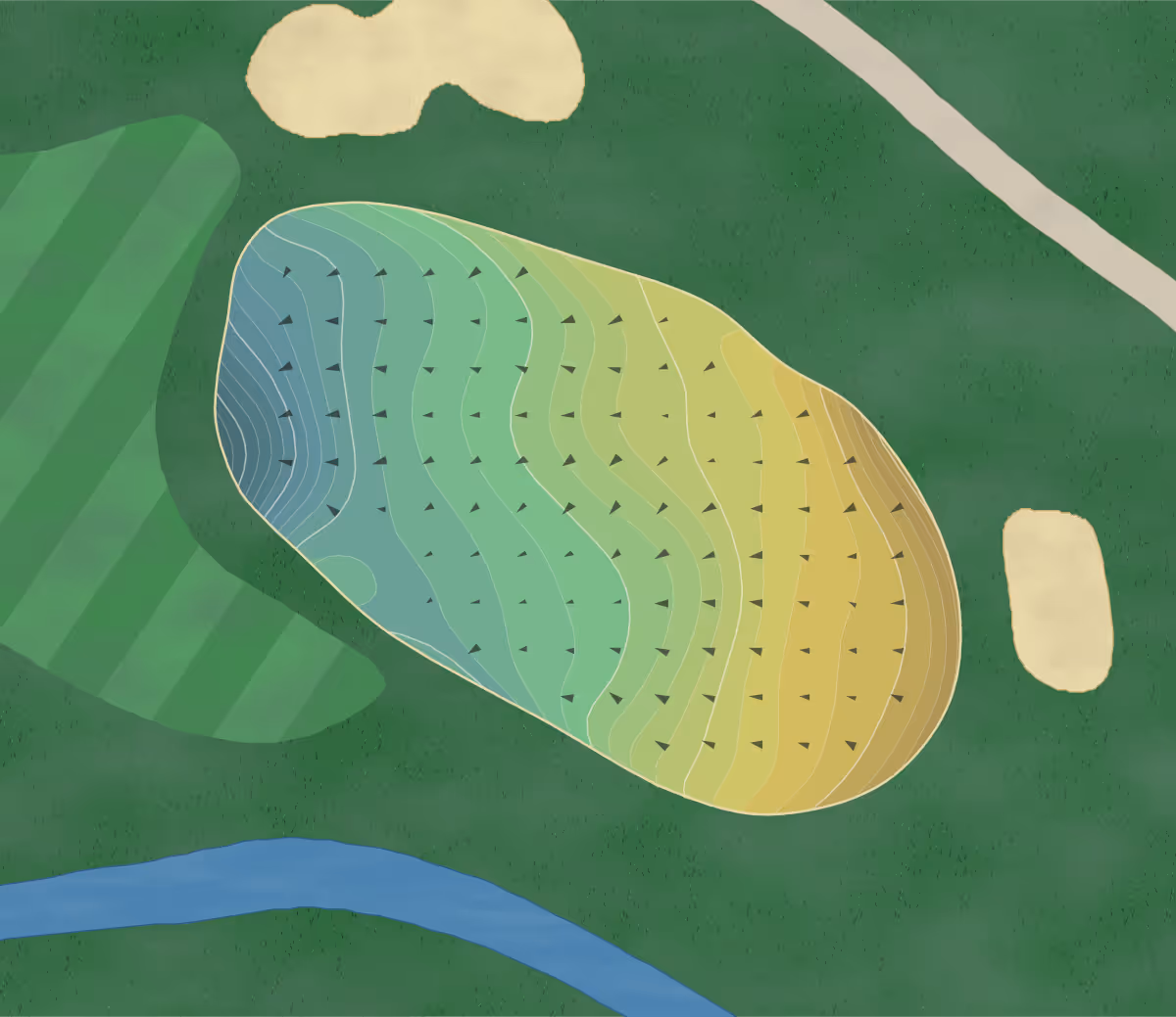 Green contour map of Hawks Ridge in Ball Ground, Georgia — 317 elevation contours at a 3-inch interval with fall-line arrows, traced from 1-meter lidar